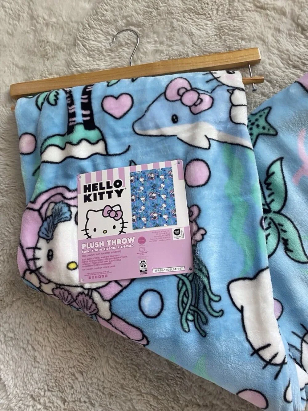 Hello Kitty Mermaid Dolphin Jellyfish Soft Throw Blanket Blue Pink 50” X 70” NEW